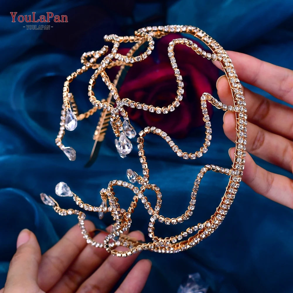 YouLaPan HP467-G Golden Woman Head Hoop Bridal Hair Ornaments Rhinestone Headband for Bride Banquet Party Headdress Ladies Crown