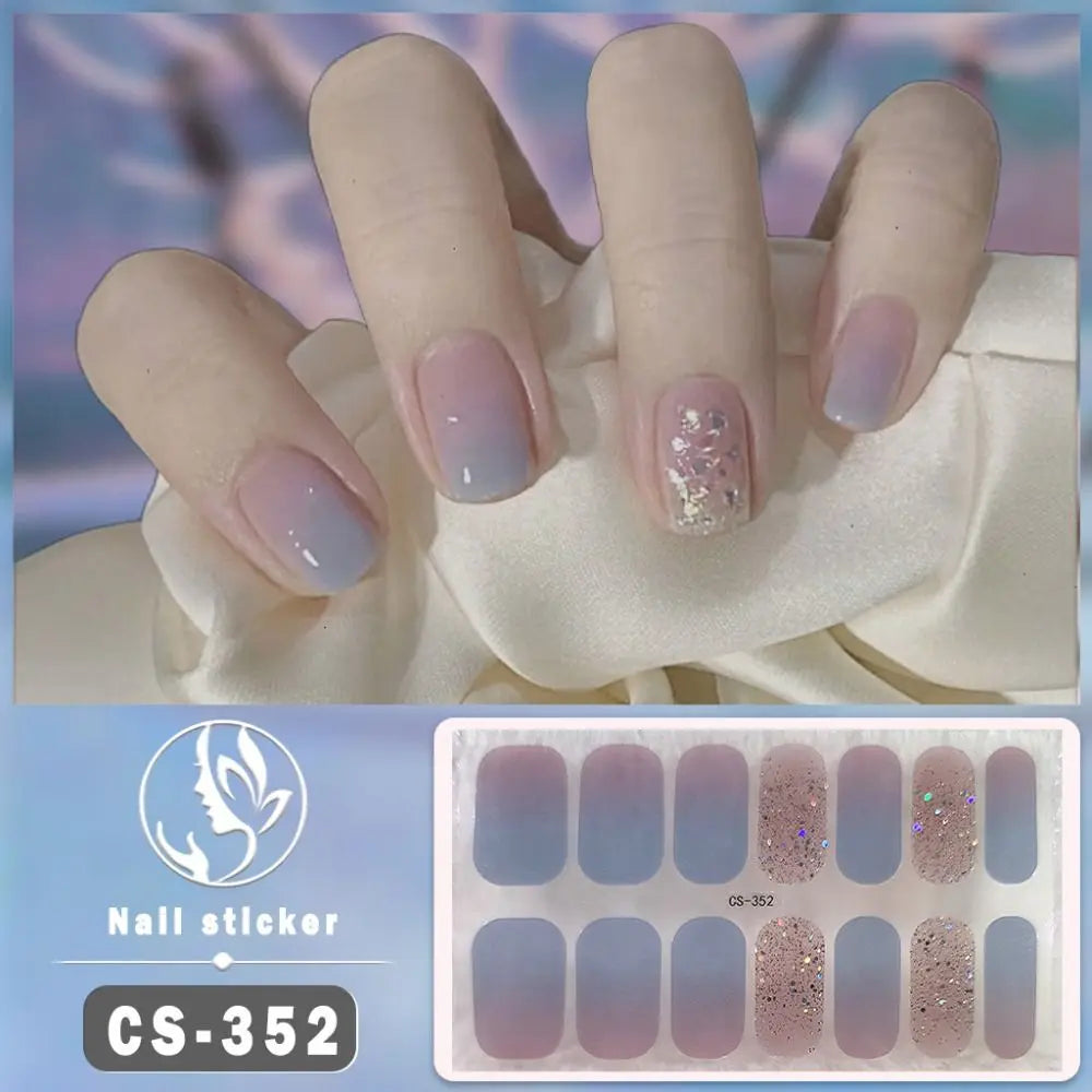 14Tips INS Trendy Foil Gel Nail Stickers Glittering Self-Adhesive Gel Full Nail Wraps Simple Gel Nail Decals DIY NAil Art Making