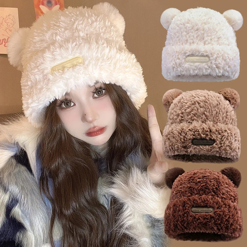 Korean Cute Little Bear Ears Plush Cap Women Autumn Winter Warm Ear Protection Hat All-match Casual Knitting Ski Beans Bonnet