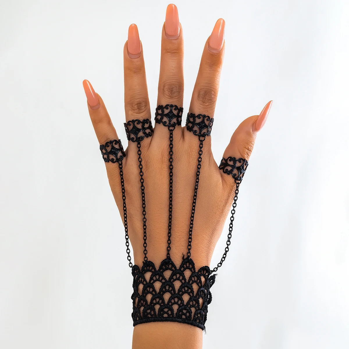 Lacteo Gothic Black Finger Ring Wide Lace Bracelet for Women Trendy Connect Hand Back Chain Bangle Jewelry Party Gift Girls New