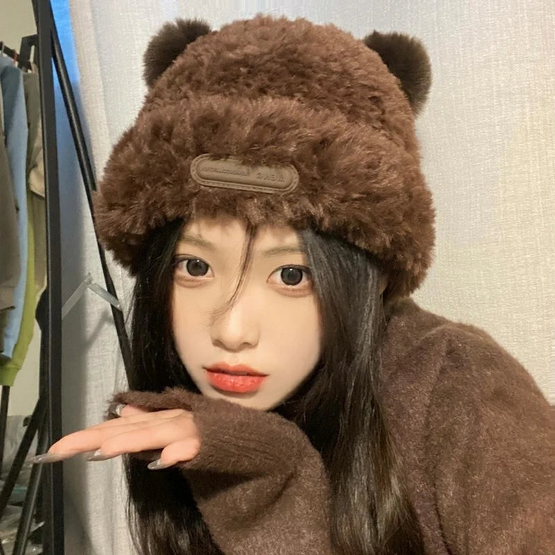 Korean Cute Little Bear Ears Plush Cap Women Autumn Winter Warm Ear Protection Hat All-match Casual Knitting Ski Beans Bonnet