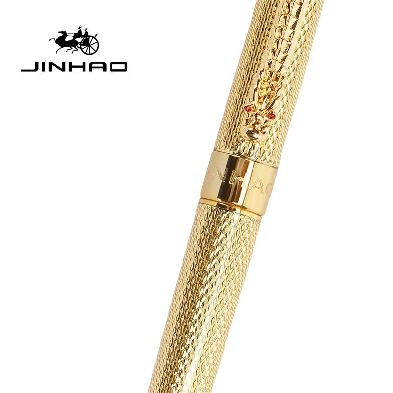 JINHAO Luxury Dragon Bright Gold squares Line Barrel Rollerball Pens Medium Nib New