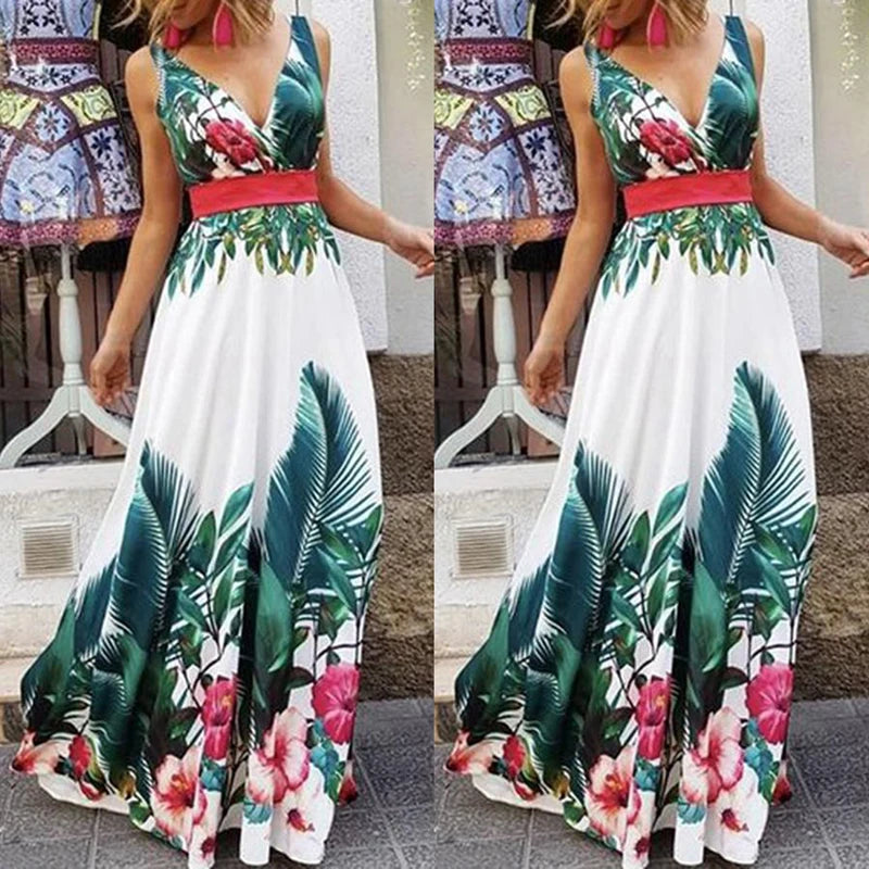 Chic And Elegant Woman Dress Beach Strappy Casual V neck Boho Floral Sleeveless Maxi Party Sundress