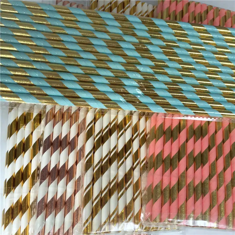 25pcs Metallic Gold Foil Heart Star Stripe Paper Straws Silver Foiled Chevron Bronzing  Drinking Straw Wedding Party Decoration