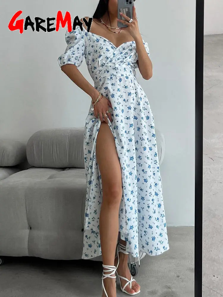 Women's Summer Dress Chiffon Elegant Floral Print Vintage Long Maxi Dress with Side Slits Sexy Summer Dresses for Women 2024