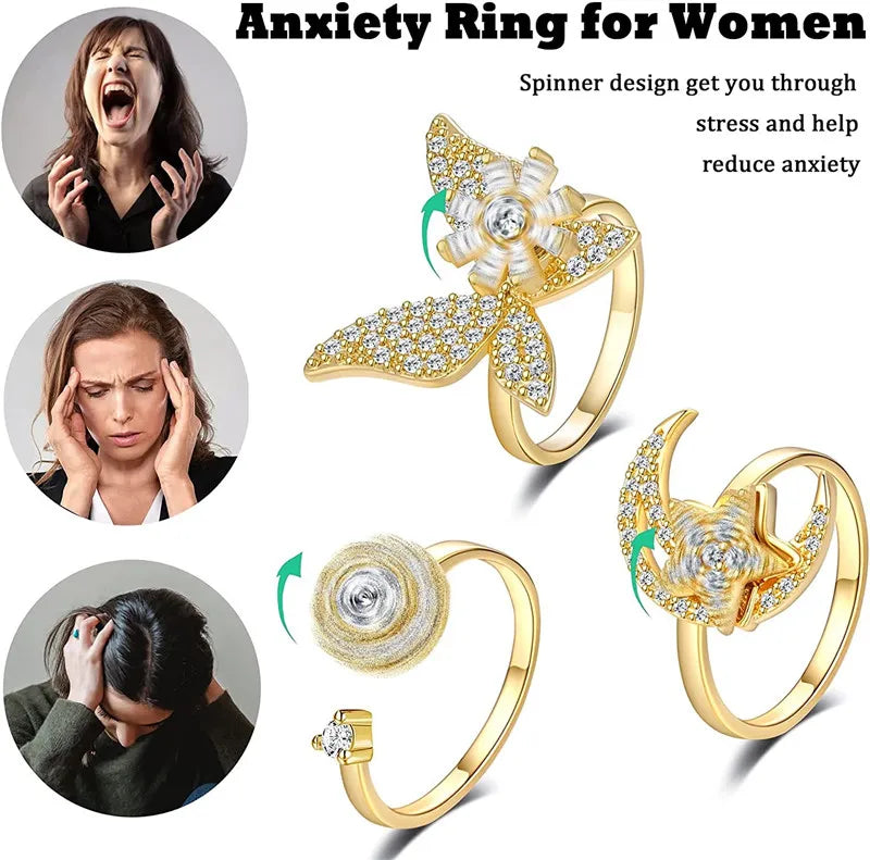 Luxury Anxiety Ring Fidget Spinner Ring for Women Crystal Flower Butterfly Animal Finger Ring Rotate Anti Stress Wedding Jewerly