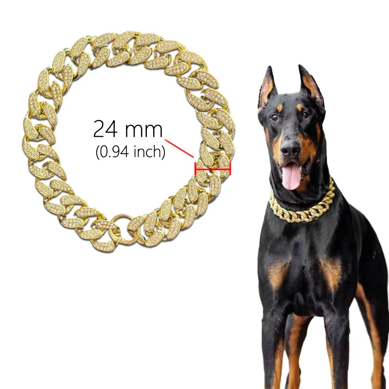 ABS Plastics Dog Collar Chain Diamond Inlay Sparkle Bulldog Necklace Cat Collars Pet Accessories Small Medium Large Dogs Golden