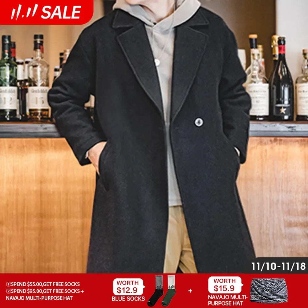 Maden Men's Vintage Heavyweight Black Woolen Overcoat Fall and Winter Season Thickened Loose Medium-length Versatile Coat