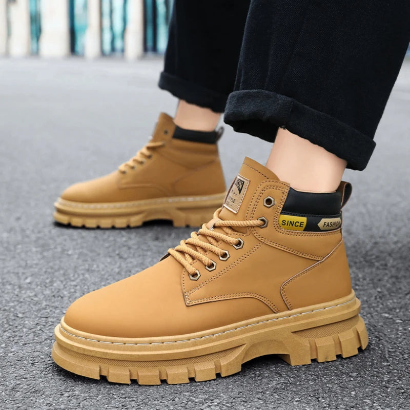 Autumn Fashion Yellow Work Boots Men 2024 Comfort Platform Boots for Men Trendy High Top Leather Boots Man Casual Hiking Shoes