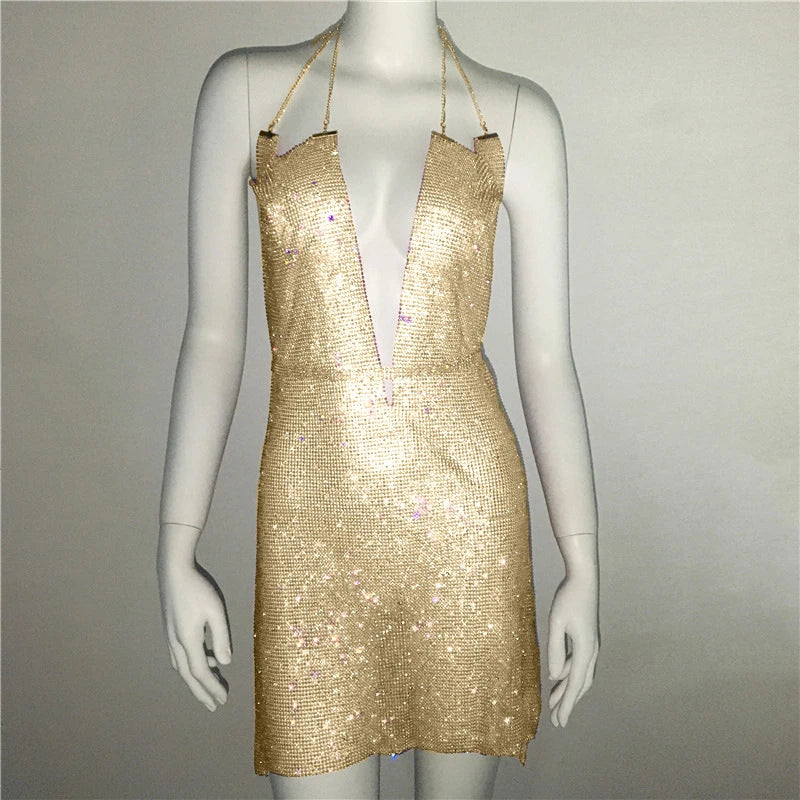 Wholesale Cheap Low Chest Metal Rhinestone Dress Women Sexy Backless Spaghetti Straps Solid Bodycon Party Clubwear Vestidos 2023