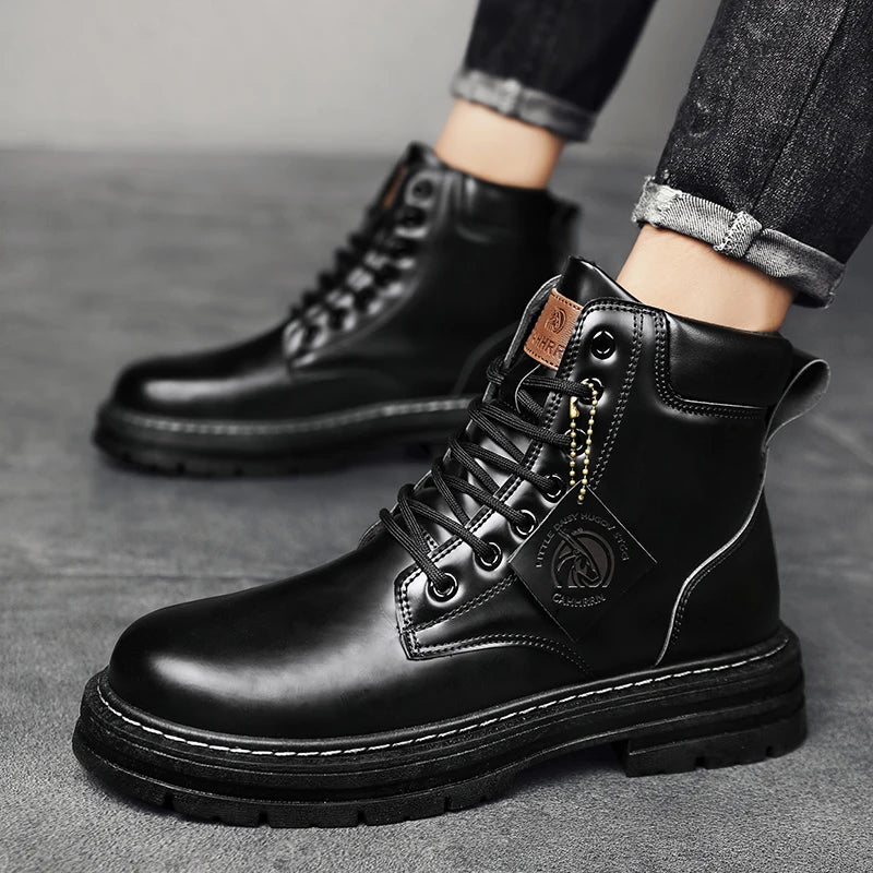 2022 New Black Leather Boots for Men Winter Boots Men Waterproof Lace Up Short Ankle Boots Men Hiking Boots Bottes Pour Hommes