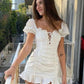 Lace up embriodery white summer dress women hollow out beach short dress puff sleeve ruffle ruched bodycon mini dress vestidos