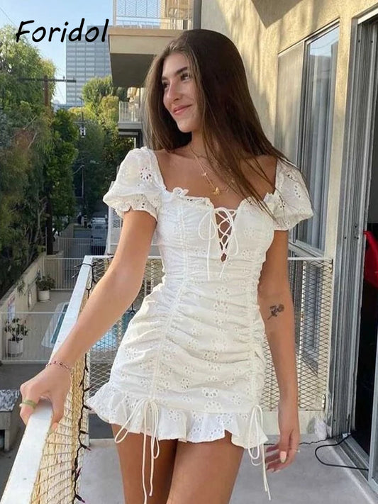 Lace up embriodery white summer dress women hollow out beach short dress puff sleeve ruffle ruched bodycon mini dress vestidos