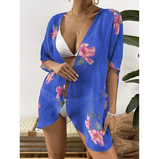 Women'S Summer Beach Kimono Cardigan Floral Print Chiffon Loose Top Bikini Cover Up Sexy Transparent Shawl Oversize Cardigan