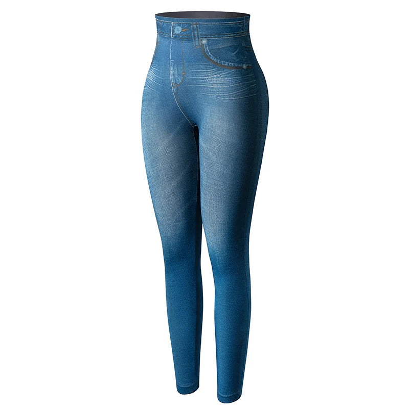 Push Up Seamless High Waist Faux Denim Leggings Women Casual Elastic Pocket Jeans Print Pants Skinny Pencil Leggins Mujer