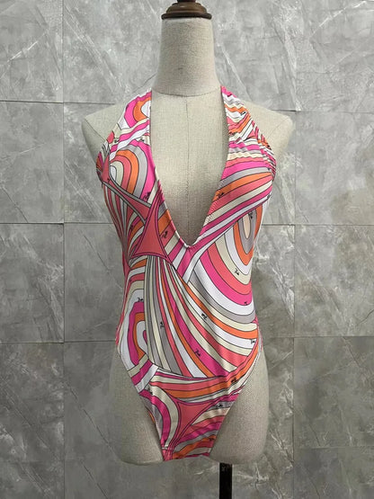 Women Swimsuit Split Swimsuit Bikini Striped Geometry Pattern One-Piece Swimsuit