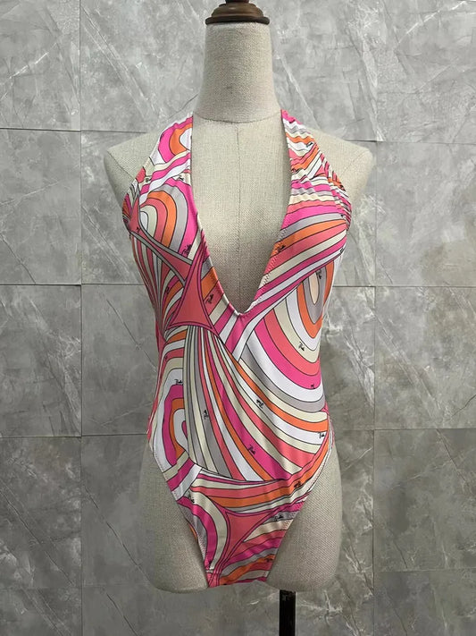 Women Swimsuit Split Swimsuit Bikini Striped Geometry Pattern One-Piece Swimsuit