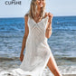 CUPSHE Ivory V-neck Hollow Out Cover Up Woman Swimsuit Sexy Side Split Sleeveless Beach Midi Dress 2023 Summer Dress Beachwear