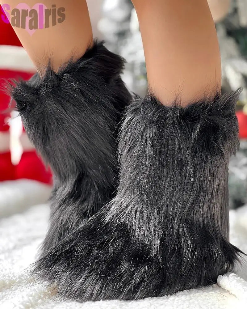 Women's Winter Fluffy Faux Fox Fur Short Boots Woman Plush Warm Snow Boots Luxury Footwear Girls' Furry Fur Bottes Fashion Shoes