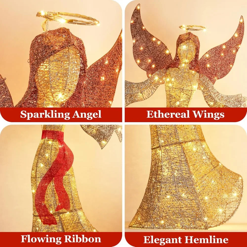 5FT Christmas Angel Outdoor Decorations, Large 3D Glittered Christmas Lighted Decor with 160 Warm LED Lights, Light up Christmas