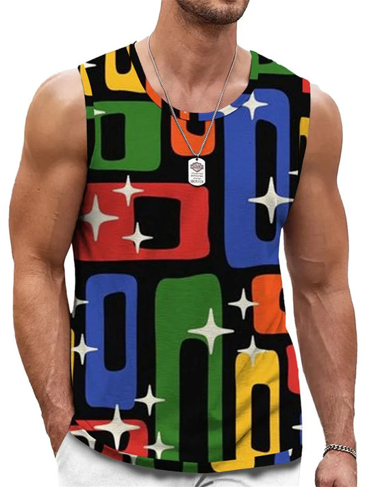 Retro Geometric Graphic Tank Tops For Men Casual Summer Sleeveless 3D Printed Vest Loose Quick Dry Breathable Tees Pullovers