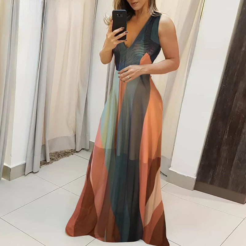 2022 new V-neck striped color matching thin shoulder strap long dress summer dress elegant dress women