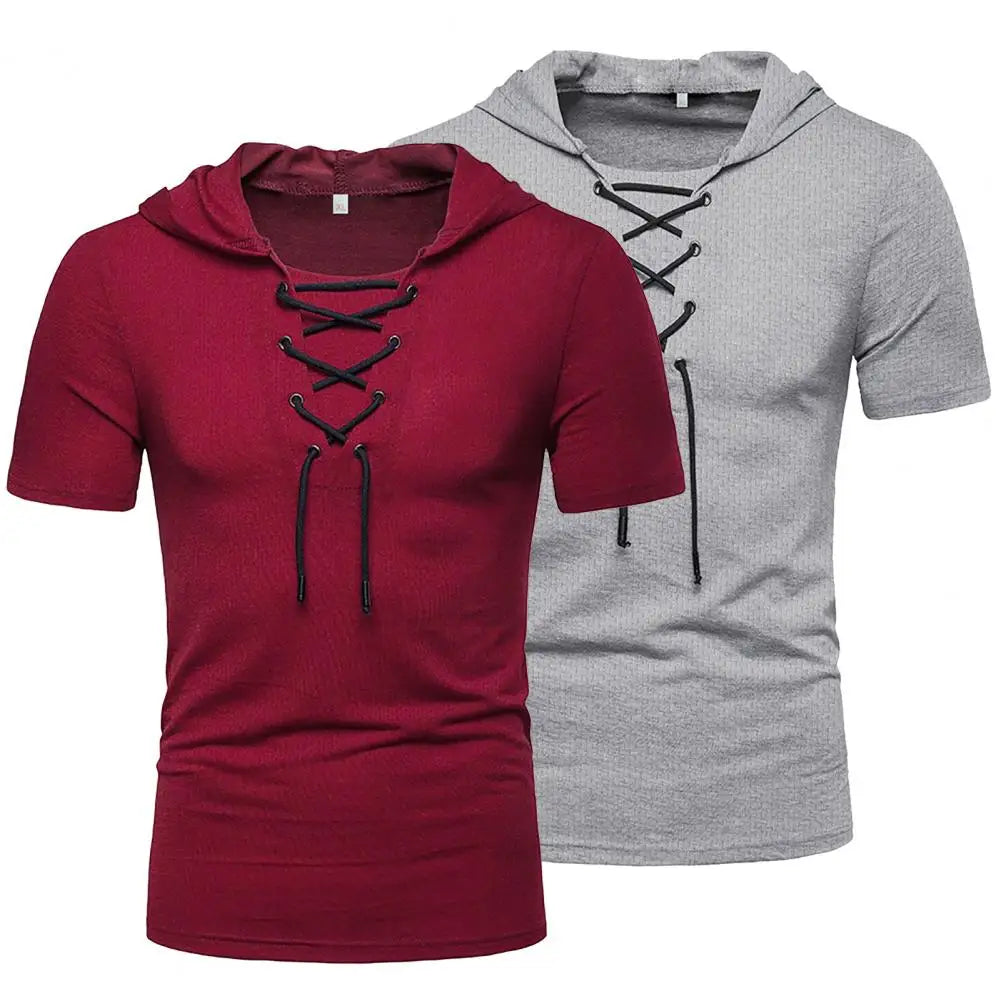 Hooded T Shirt Men 2022 New Short Sleeve Streetwear Pure Color Lace-up Breathable Casual Summer Top for Male Homme Top Tees