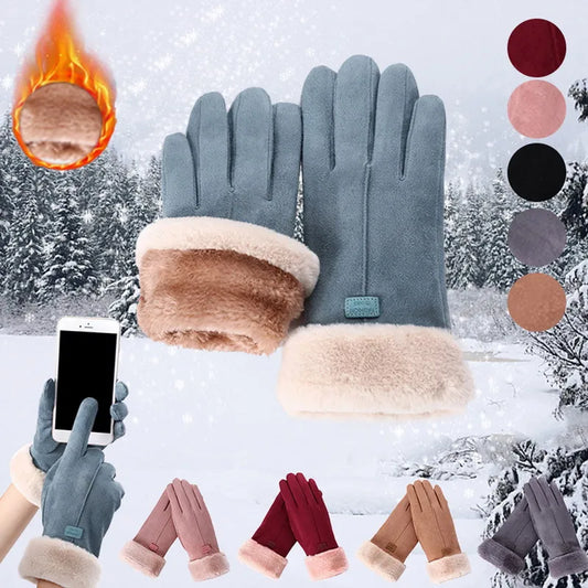 Winter Female Cashmere Warm Suede Leather Cycling Mittens Double Thick Velvet Plush Wrist Women Touch Screen Driving Gloves