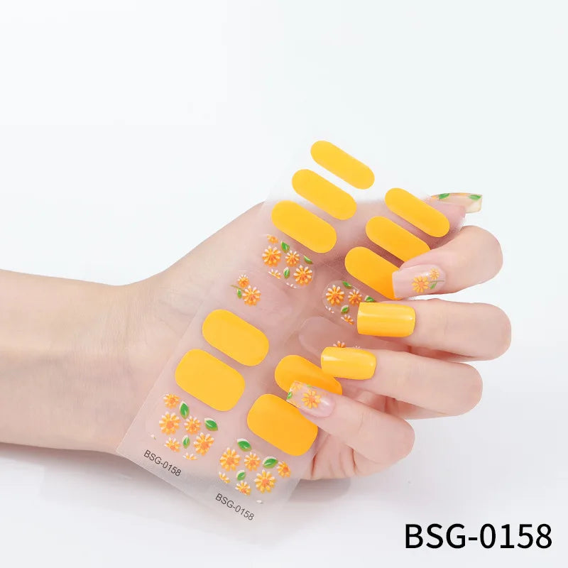 16 Strips Semi-cured Gel Nail Art Stickers 3D Hot Stamping Phototherapy Long Lasting Manicure Stickers Full Cover Nail Charms