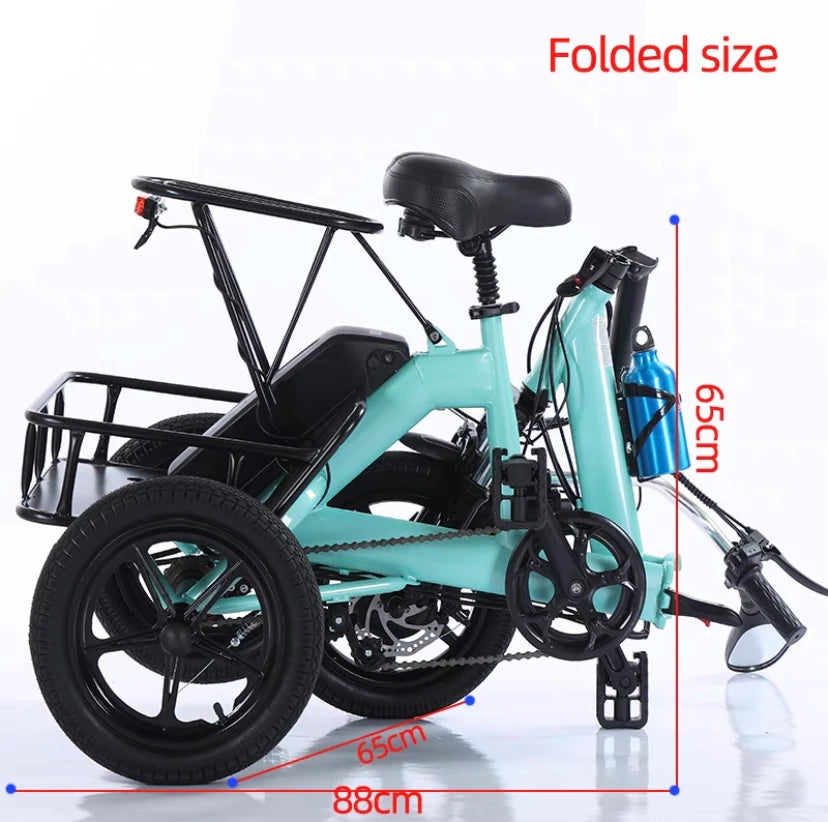 14 Inch Folding Electric Tricycle For Senior 48V Three-wheel Electric Bicycle Adult 2 Basket Seat Small Pedal ebike