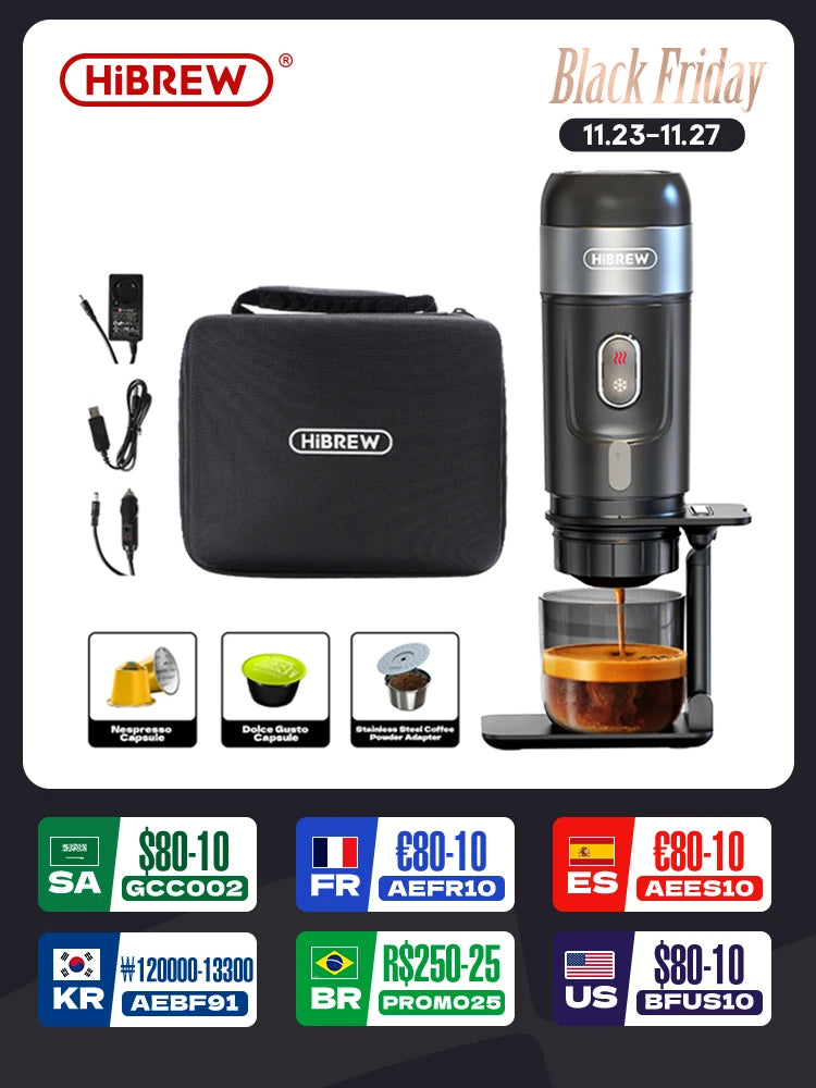 HiBREW Portable Coffee Machine for Car & Home,DC12V Expresso Coffee Maker Fit Nexpresso Dolce Pod Capsule Coffee Powder H4A