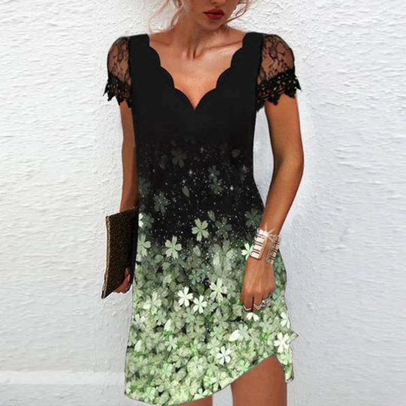 Elegant Dresses for Women V Neck Lace Sleeves Short Dress Women Spring Summer Sexy Ladies Short Sleeve Black Party Dress 2022