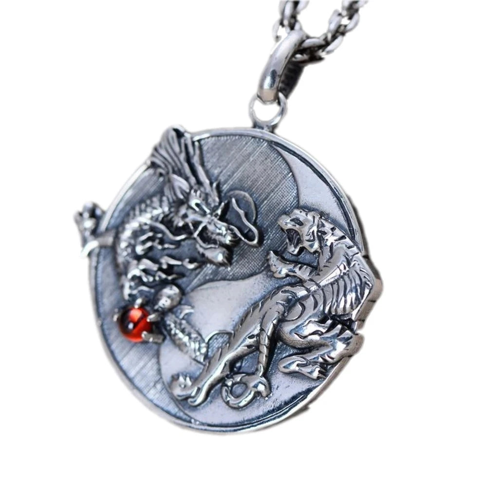 BOCAI New S925 Silver Jewelry Man Pendant Retro Tai Chi Bagua Dragon White Tiger Good Luck and Safe Birthday Gift