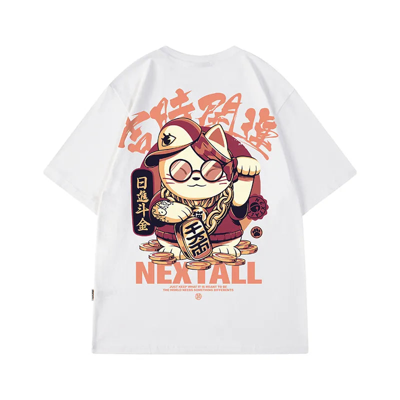 2023 Summer Men Kawaii Lucky Cat Printed T Shirt Homme Short Sleeve Hip Hop Streetwear T-Shirts Japanese Fashion Y2K Tee Shirt