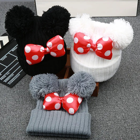 2022 New Cute Polka Dot Cartoon Big Bow Elastic Baby  Hat Children's Knit Cotton Beans Autumn Winter Warm Girl Double Pompom Cap