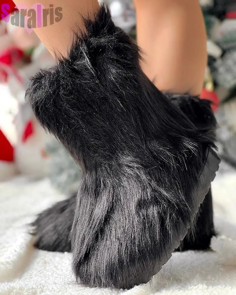 Women's Winter Fluffy Faux Fox Fur Short Boots Woman Plush Warm Snow Boots Luxury Footwear Girls' Furry Fur Bottes Fashion Shoes