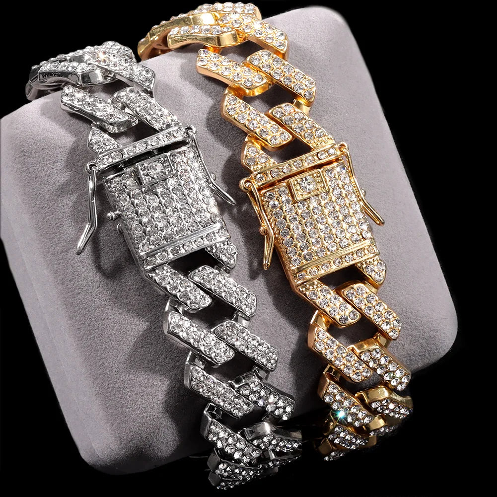 14/20MM Hip Hop Metal Cuban Bracelet Iced Out Chain Bling Full Rhinestone Pave Luxury Crystal Bracelet For Men's Jewelry Gift