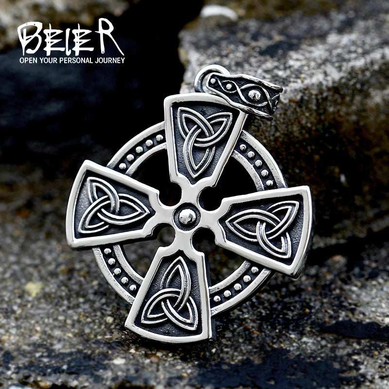 Beier Stainless Steel Vikings Pendant Valknut Celtic Cross Necklace Chain Norse Viking Jewelry LLBP8-505P