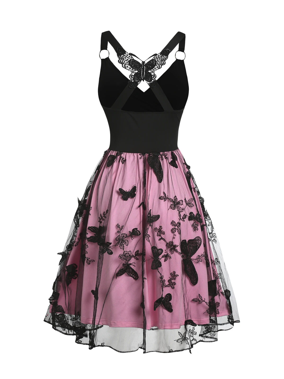 Women Summer Dresses 2024 O Ring Butterfly Back Sheer Mesh Overlay Crossover V Neck Dress Sleeveless A Line Mini Dresses