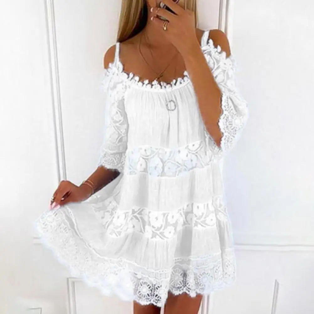 Embroidery Crochet Lace Cold Shoulder Mini Dress Women Scoop Neck Half Sleeves Mid-Rise Loose Fit Summer Dress Lady Beach Dress