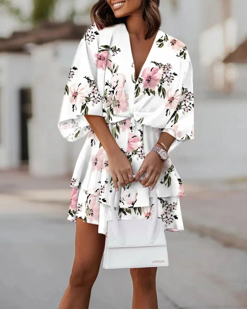 Women's Spring And Autumn Sexy Chiffon V-neck Loose Bat Sleeve Print Dress 2023 Women's Fashion Casual 5/4 Sleeve Dress Vestidos