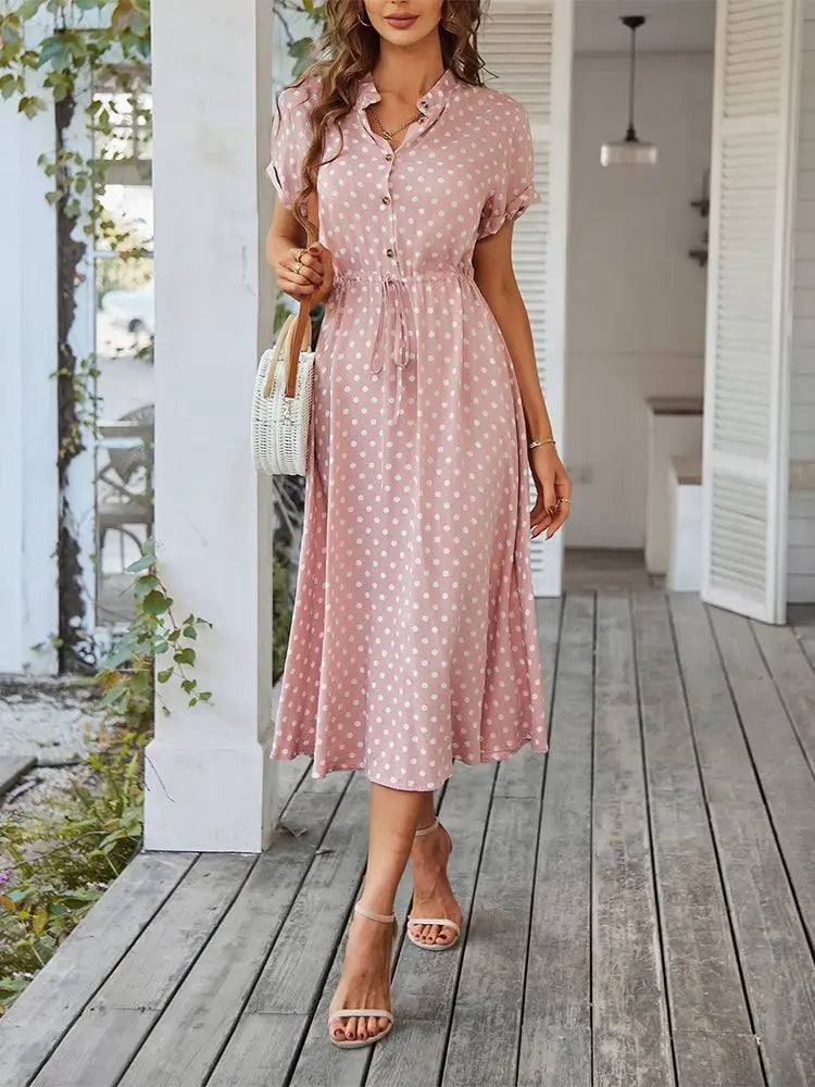 Ladies Polka Dot Print Shirt Dress Women Casual Midi Holiday Summer Dress Female Loose Women Beach Dress Sundress Robe Vestidos