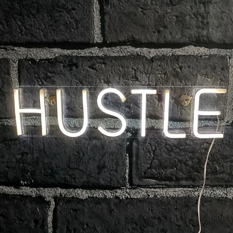 HUSTLE LED Neon Sign Light Wall Art Decorative Show Hanging Signs for Bedroom Room Party Home Bar Decor Night Light USB Powered