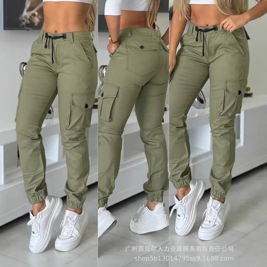 Women High Waist Multiple Pockets Design Cuffed Cargo Pants Slim Fit Trousers Pants Y2K