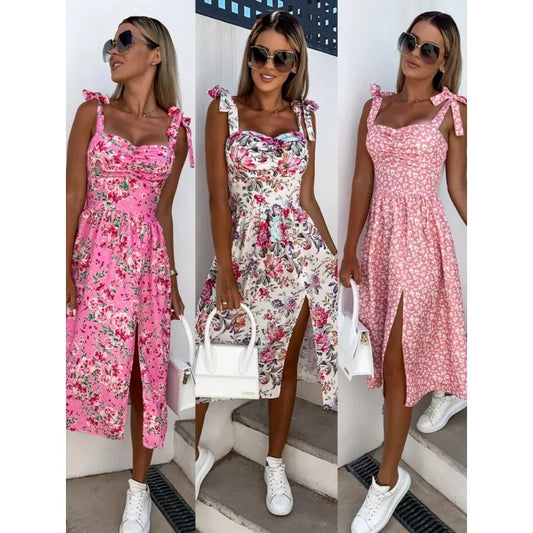 Women Summer Dress Sexy floral print strapless Sling Waist-Tight Split Women mid calf Dresses Vestidos JQMY1976