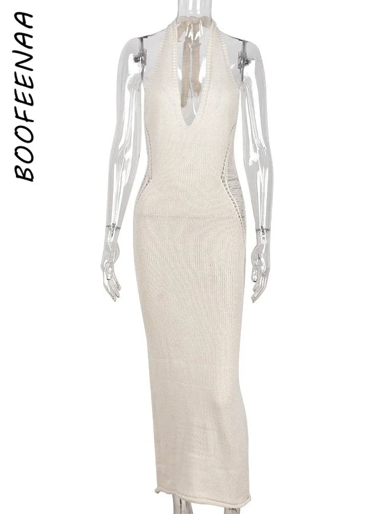 BOOFEENAA Vacation Summer Dress Women 2023 Elegant Sexy Knitted Vestido Side Cut Out Backless Halte Long Maxi Dresses C82-EZ28