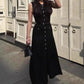 Women's  Single Breasted Sleeveless Knitted Dress Slim High Waist Female A-Line Temperament O-Neck Black Long Robe 2024 Summer