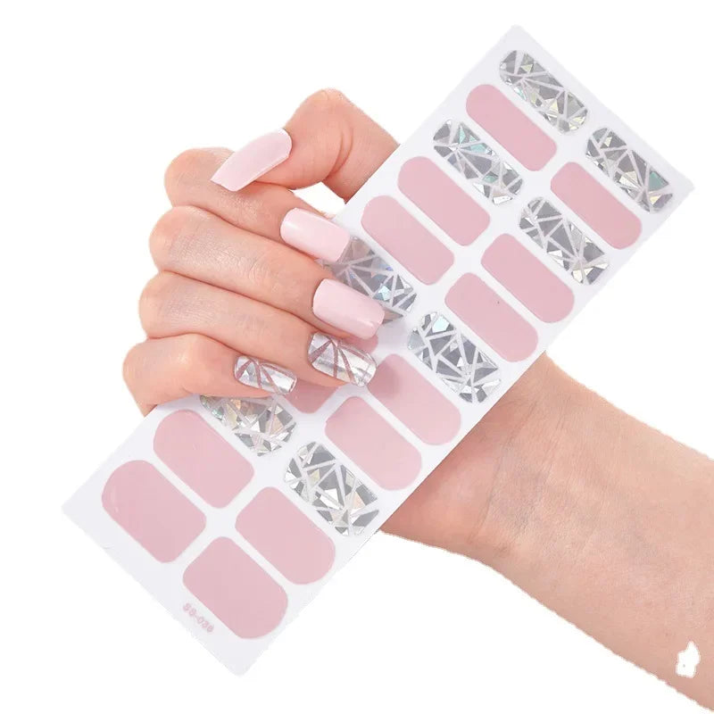 22pcs Blue Gel Nail Patch Slider Glitter Pink Adhesive Full Coverage Gel Nail Patch UV Lamp Cured Manicure for Woman & Girl