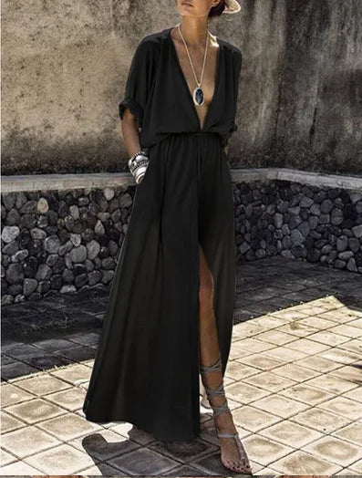 Women Summer Dress deep V neck sexy solid color half sleeve Split Women maxi long Dresses Vestidos JQMY20214