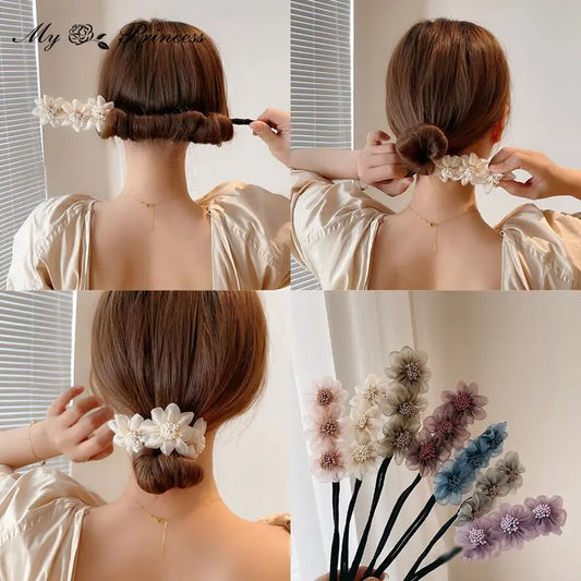 Women Elegant Bud Chiffon Flower Bun Maker Maruko Hairstyle Making Long Tool Sweet Hair Braide Rope Hairbands Korean Accessories